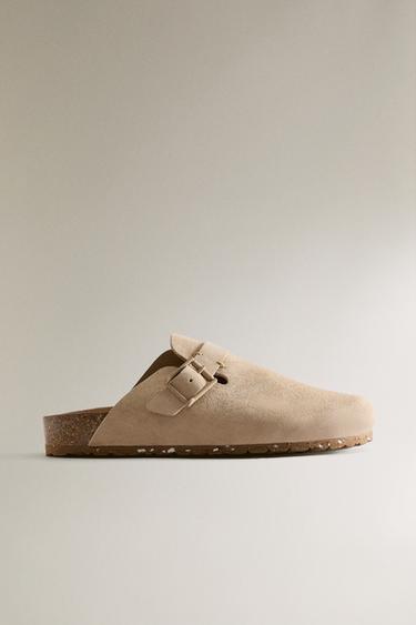 스티치 디테일 버클 가죽 클로그 - Zara 샌드 브라운