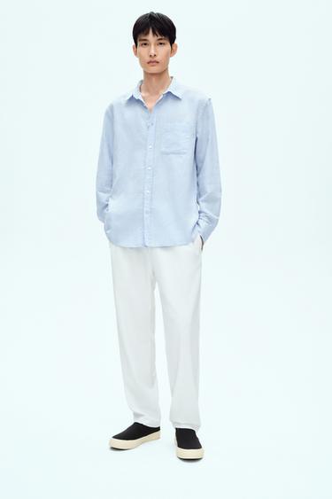 Zara 棉質 - 亞麻襯衫 - 天藍色