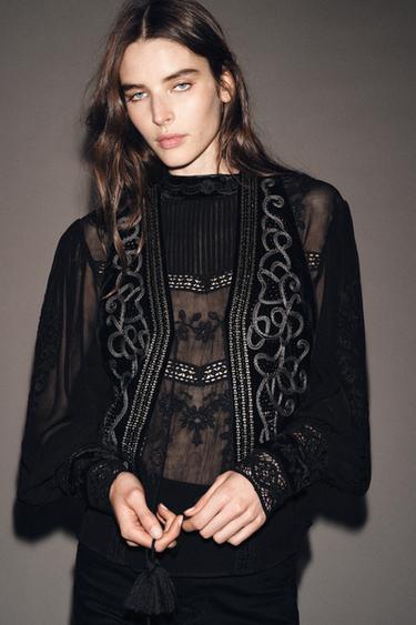 Zara ZW COLLECTION EMBROIDERED VELVET VEST - Black - Image 0