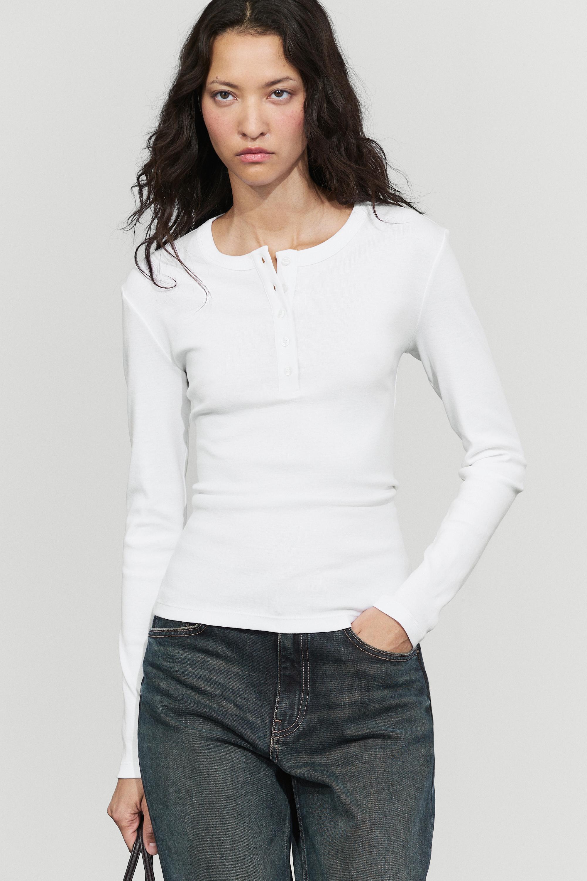 T-shirt col tunisien à manches longues 100 % coton