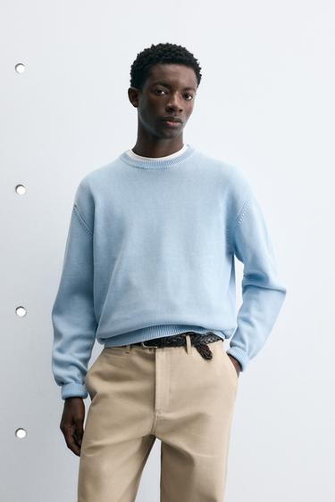 Zara WASHED COTTON TEXTURED JUMPER - Faded sky blue