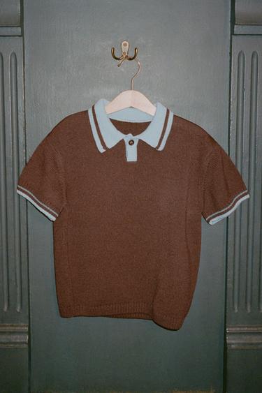 Zara CONTRAST COLLAR KNIT POLO SHIRT - Brown-Blue
