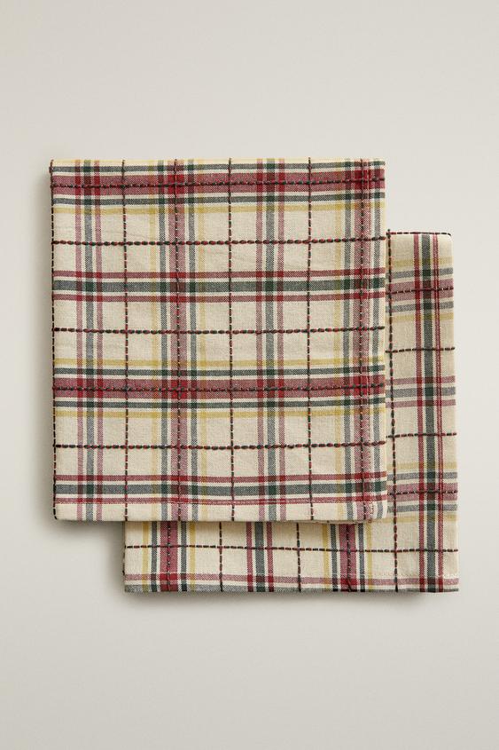 Zara CHRISTMAS COTTON CHECK AND HEART NAPKINS (PACK OF 2) - Green - Image 0