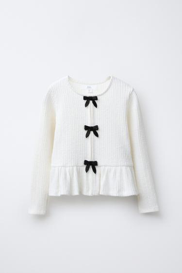 RIBBED SOFT-TOUCH T-SHIRT WITH BOWS - Ecru by Zara