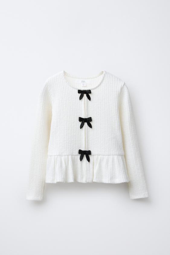 SOFT TOUCH RIBBED T-SHIRT WITH BOWS - Ecru by Zara - Image 0