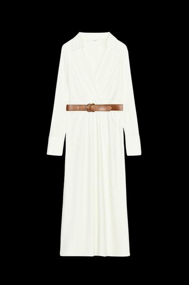 KLEID IN SATINOPTIK MIT GÜRTEL - Cremefarben von Zara