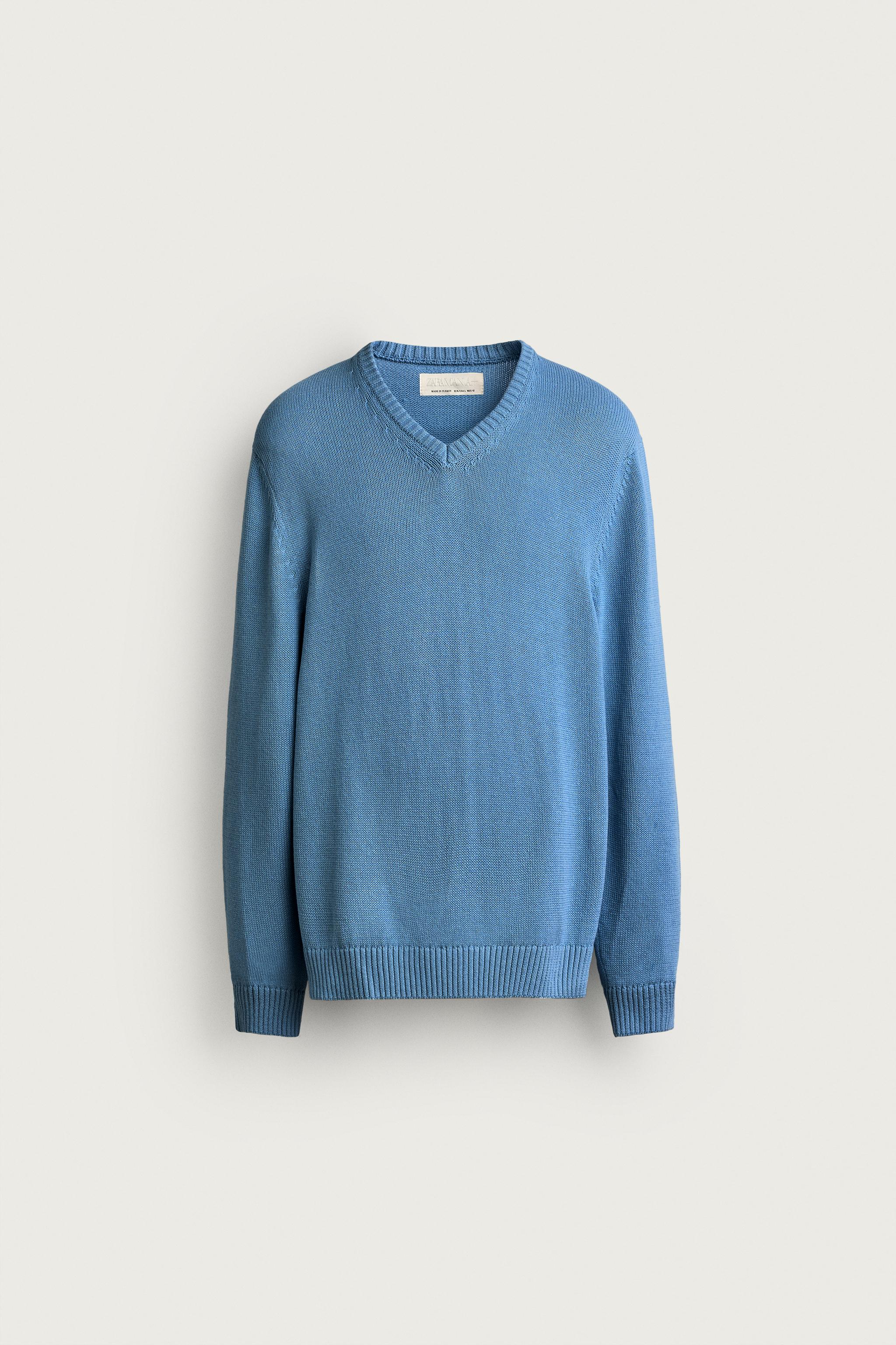 COTTON-LINEN REGULAR FIT SWEATER — Light blue