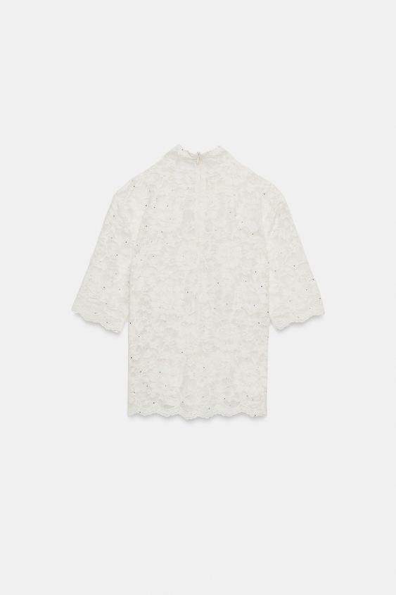 TOP EN DENTELLE À STRASS - Écru de Zara - Image 7