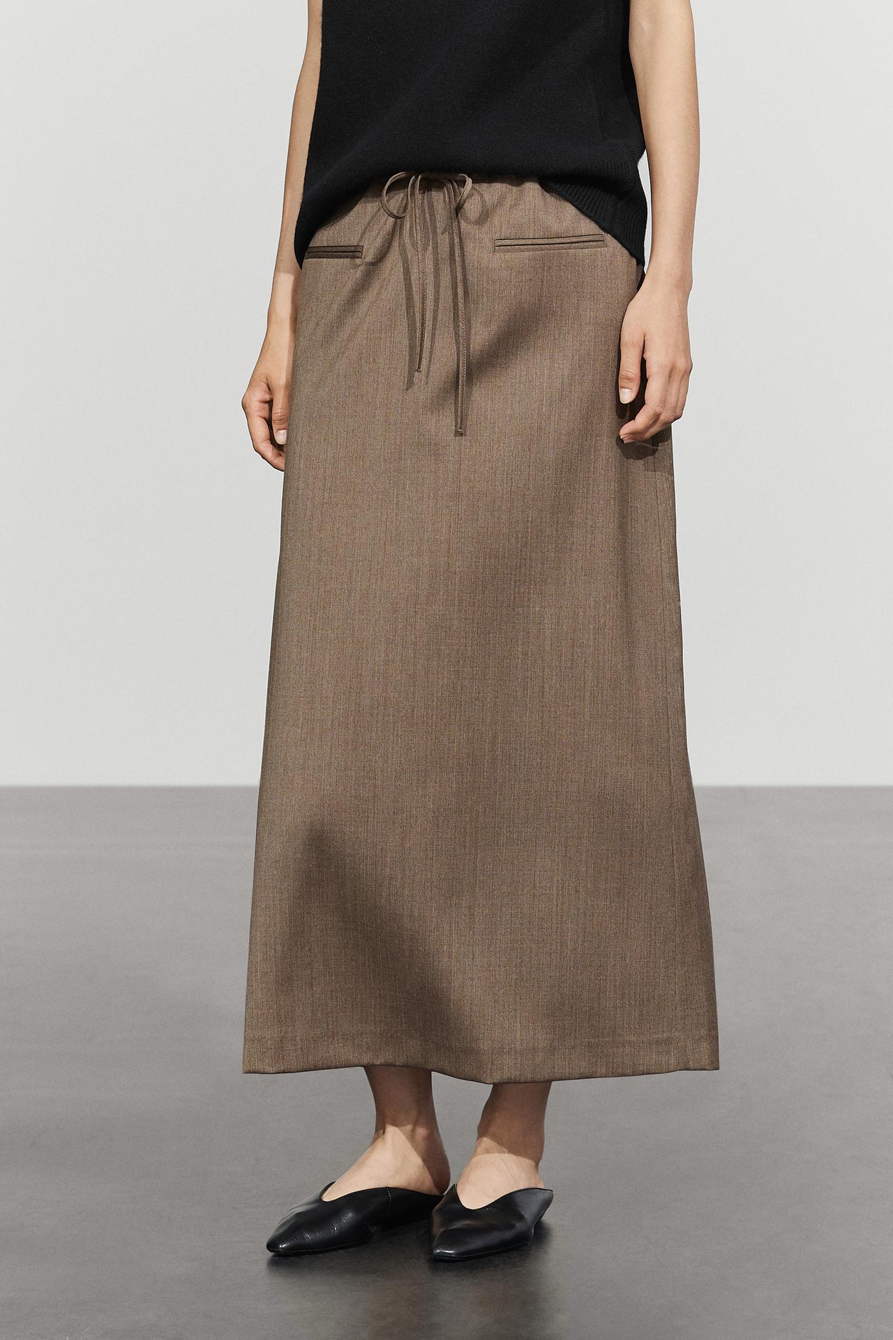 100% wool midi skirt with drawstring — Black gold