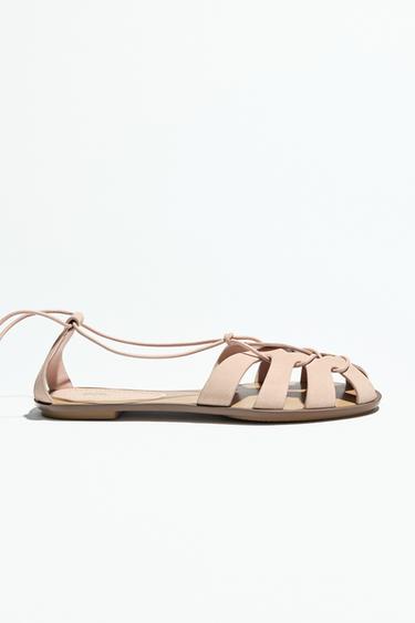 Zara TIED SPLIT LEATHER FISHERMAN SANDALS - Pink