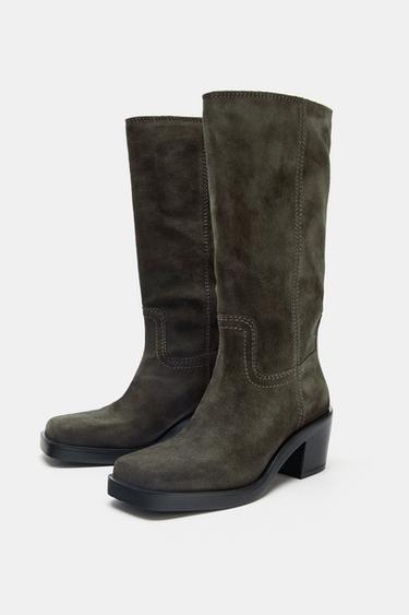 SPLIT SUEDE CONTRAST STITCH BOOTS - Khaki Green by Zara - Image 2