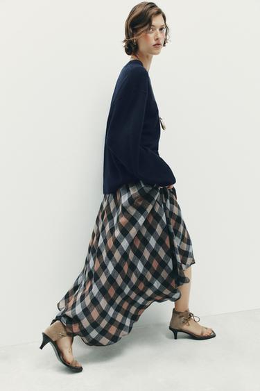 CHECKS MIDI SKIRT - Grey / Tan by Zara