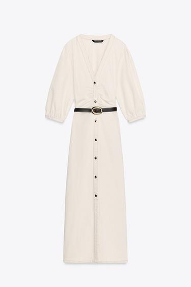 MIDI DRESS WITH PUFF SLEEVES AND BELT - Ecru by Zara