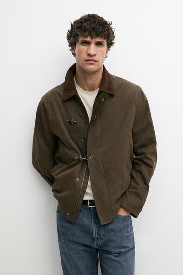 Zara Jacket with leather collar detail - Dark khaki