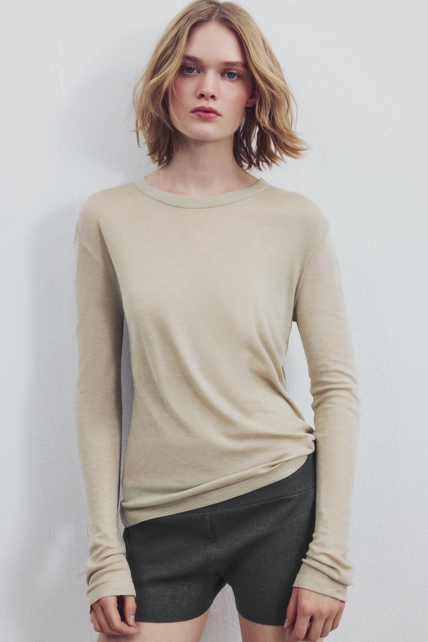 Женская футболка Zara Crew Neck, цвет: Коричневый / Серо-коричневый
