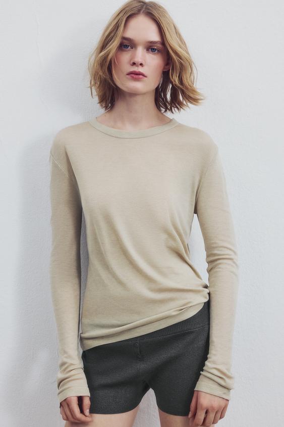Zara CREW NECK T-SHIRT - Brown / Taupe - Image 0