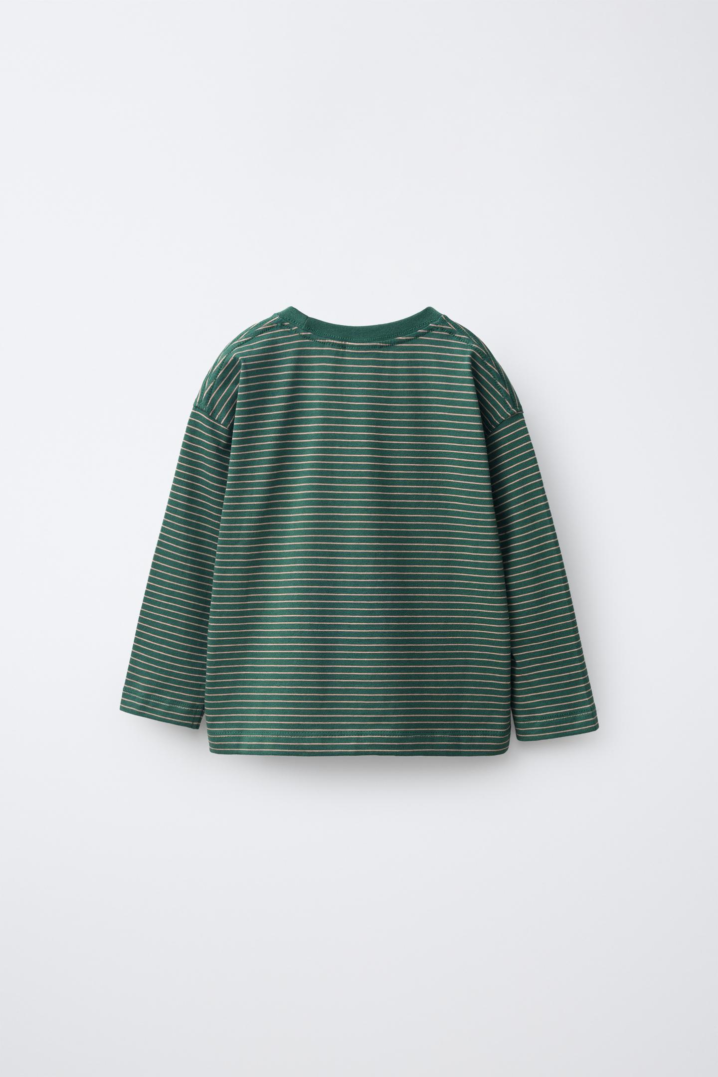 Детские футболки Zara 3-PACK OF Striped and Plain Long Sleeve T-SHIRTS, цвет: Серый зелёный — фото 3
