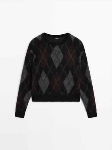 Zara Argyle knit wool and alpaca sweater - Black
