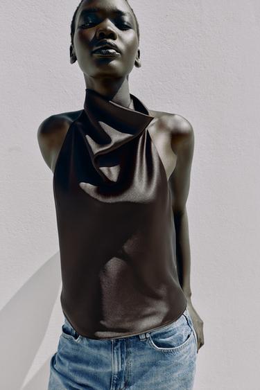SATIN HALTER TOP - Brown by Zara