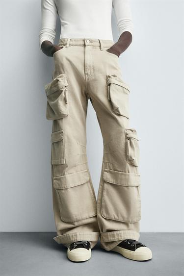 Zara 牛仔工裝多口袋長褲 - 焦糖色