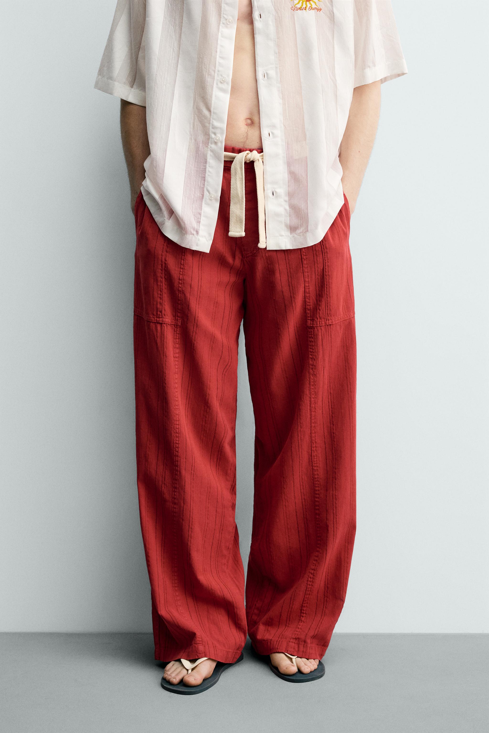 RELAXED FIT STRIPED TEXTURED TROUSERS — Red