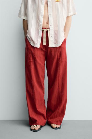 Zara RELAXED FIT STRIPED TEXTURED PANTS - Red