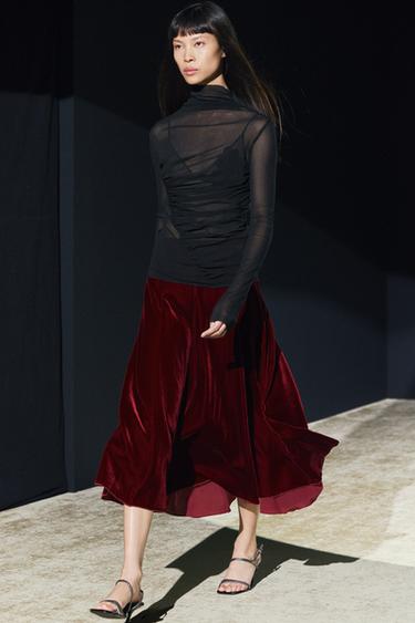 ZW COLLECTION VELVET GODET SKIRT - Burgundy by Zara
