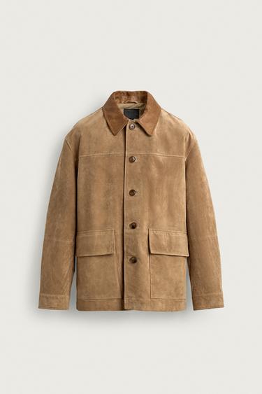 CONTRAST COLLAR LEATHER SPLIT SUEDE JACKET - camel by Zara