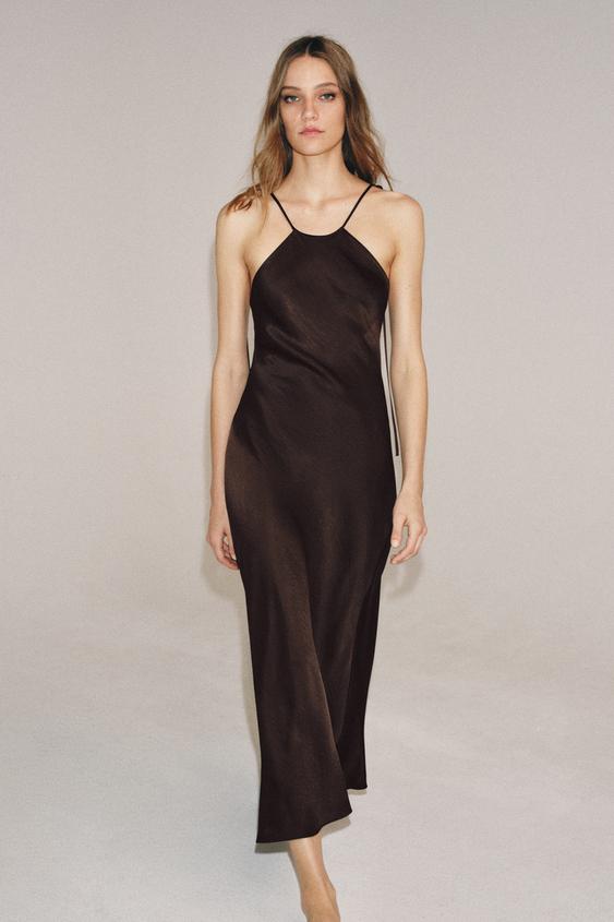 VESTIDO SATINADO HALTER ZW COLLECTION - Marrón de Zara - Imagen 0