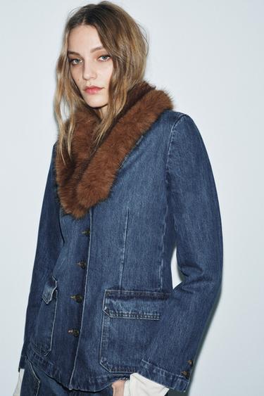 DENIM BLAZER WITH FAUX FUR COLLAR ZW COLLECTION - Blue by Zara