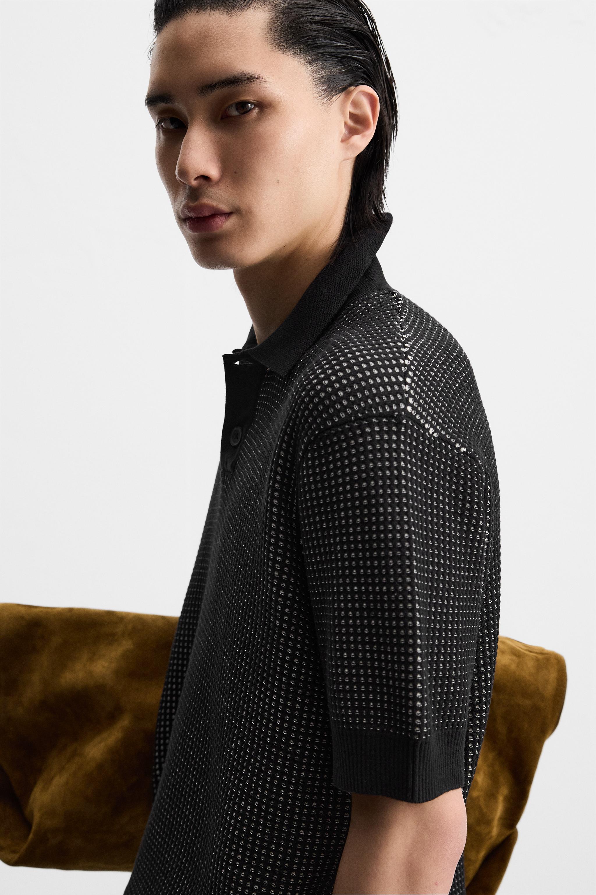 国内発送★ZARA★コントラストジャカードニット*ポロシャツ コントラストジャカードニットポロシャツ - ブラック | ZARA