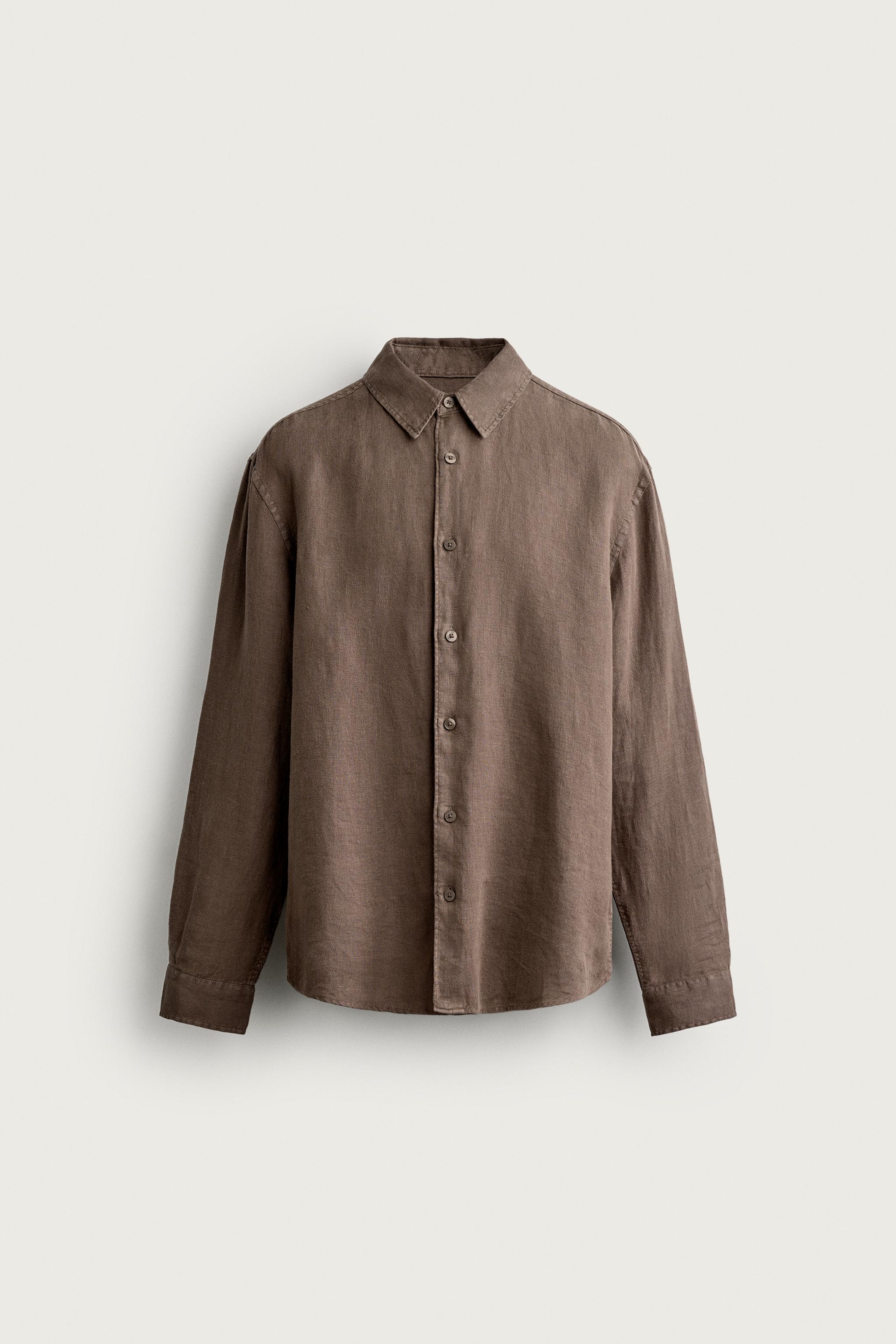100% LINEN REGULAR FIT SHIRT — Brown