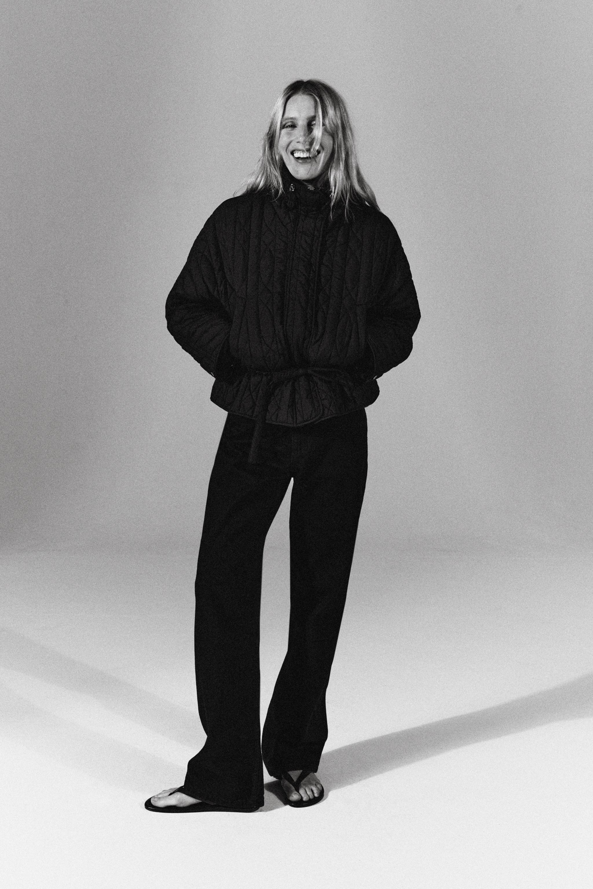 QUILTED STAND-UP COLLAR JACKET — Black