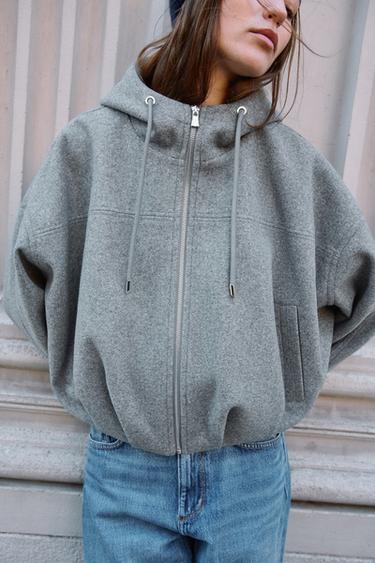 CHAMARRA BOMBER OVERSIZE CAPUCHA SOFT - Gris de Zara