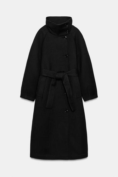 HIGH COLLAR BELTED COAT — Black 1