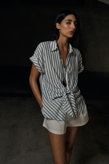 STRIPED KNOTTED LINEN BLEND SHIRT - Blue/White by Zara