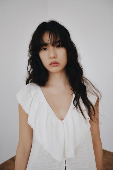 RUFFLED LACE TRIM BLOUSE - White by Zara