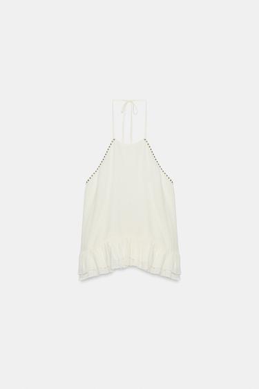 TOP HALTER VOLANTS CLOUTÉ - Écru de Zara