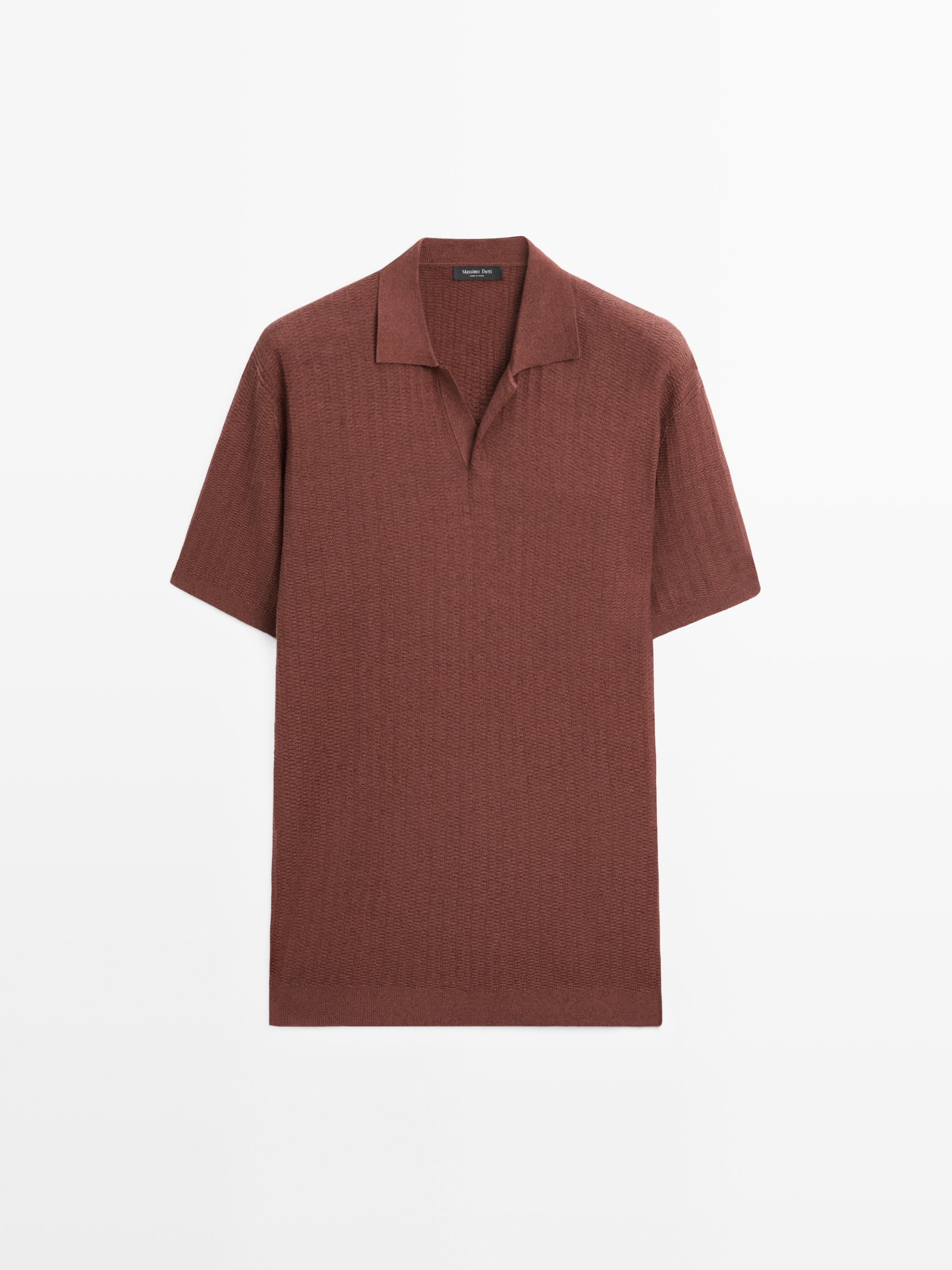 Short sleeve cotton and linen blend knit polo shirt