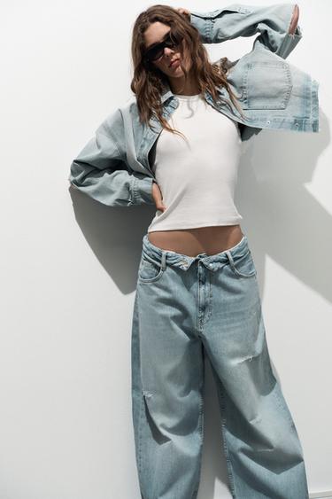 Zara TRF MID-RISE FOLDED WAIST RIPPED JEANS - Light blue