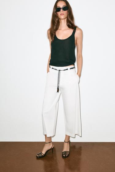 Zara POPLIN PANTS WITH SCARF BELT - White