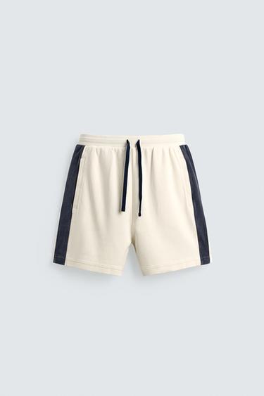 Zara CONTRAST STRIPED JOGGER SHORTS - Oyster-white