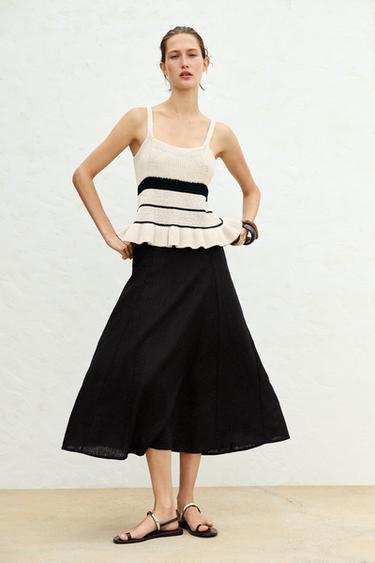 Zara TEXTURED KNIT SPAGHETTI STRAP TOP - Ecru / Black