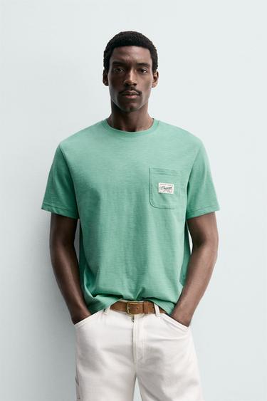 Zara 標準版型貼飾口袋 T 恤 - 薄荷綠