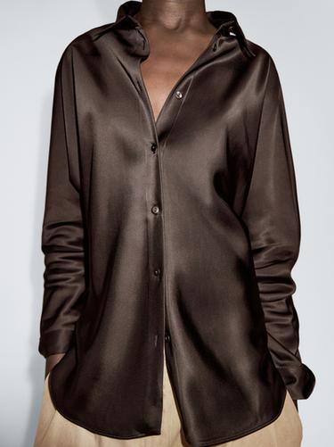 Zara Satin shirt with batwing sleeves - Chocolate