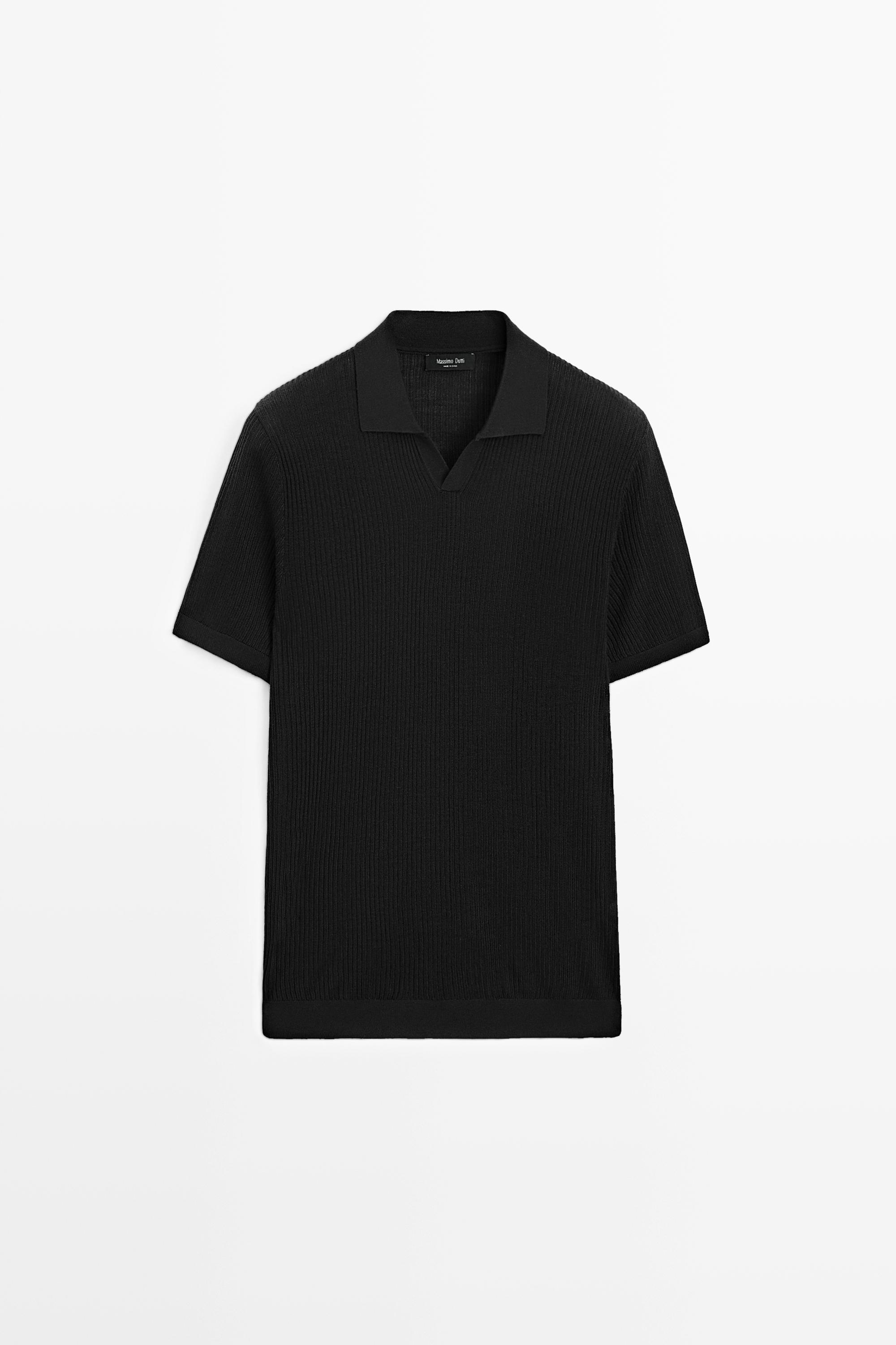 Wool blend short sleeve knit polo — Black