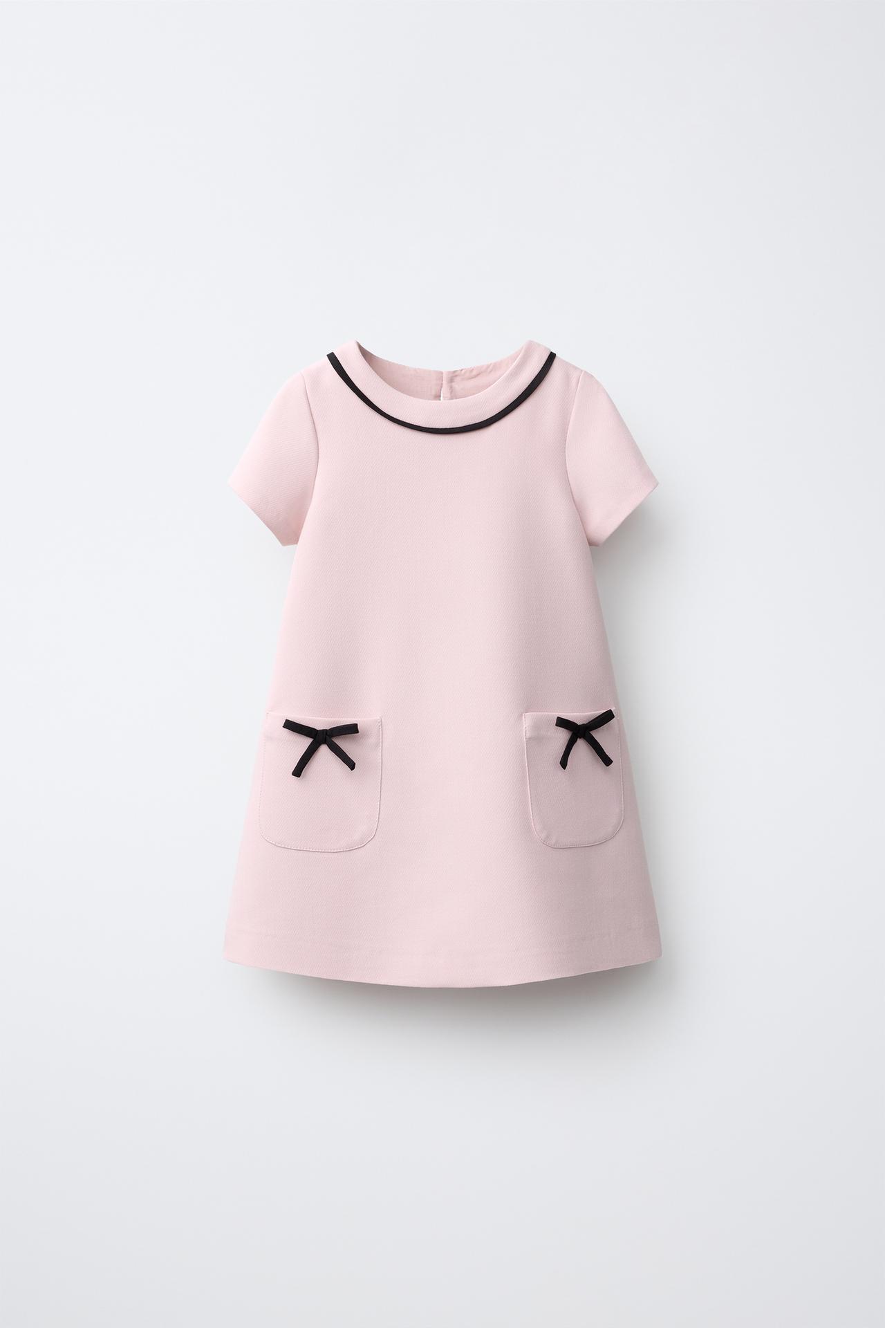 CONTRAST PIPING AND BOW DRESS — Pastel pink