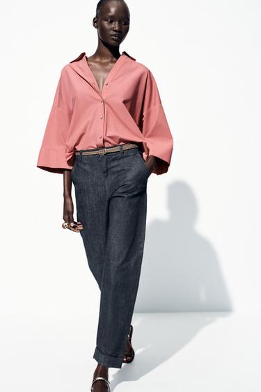 Z1975 BRAIDED BELT CHINO DENIM TROUSERS - Blue by Zara
