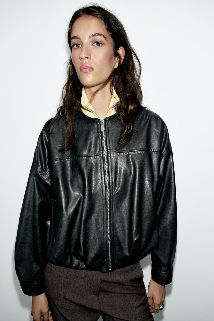FAUX LEATHER BALLOON BOMBER JACKET — Black