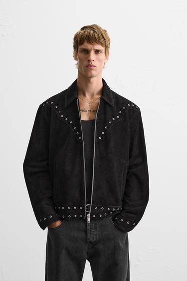 Zara SUEDE LEATHER JACKET - Black